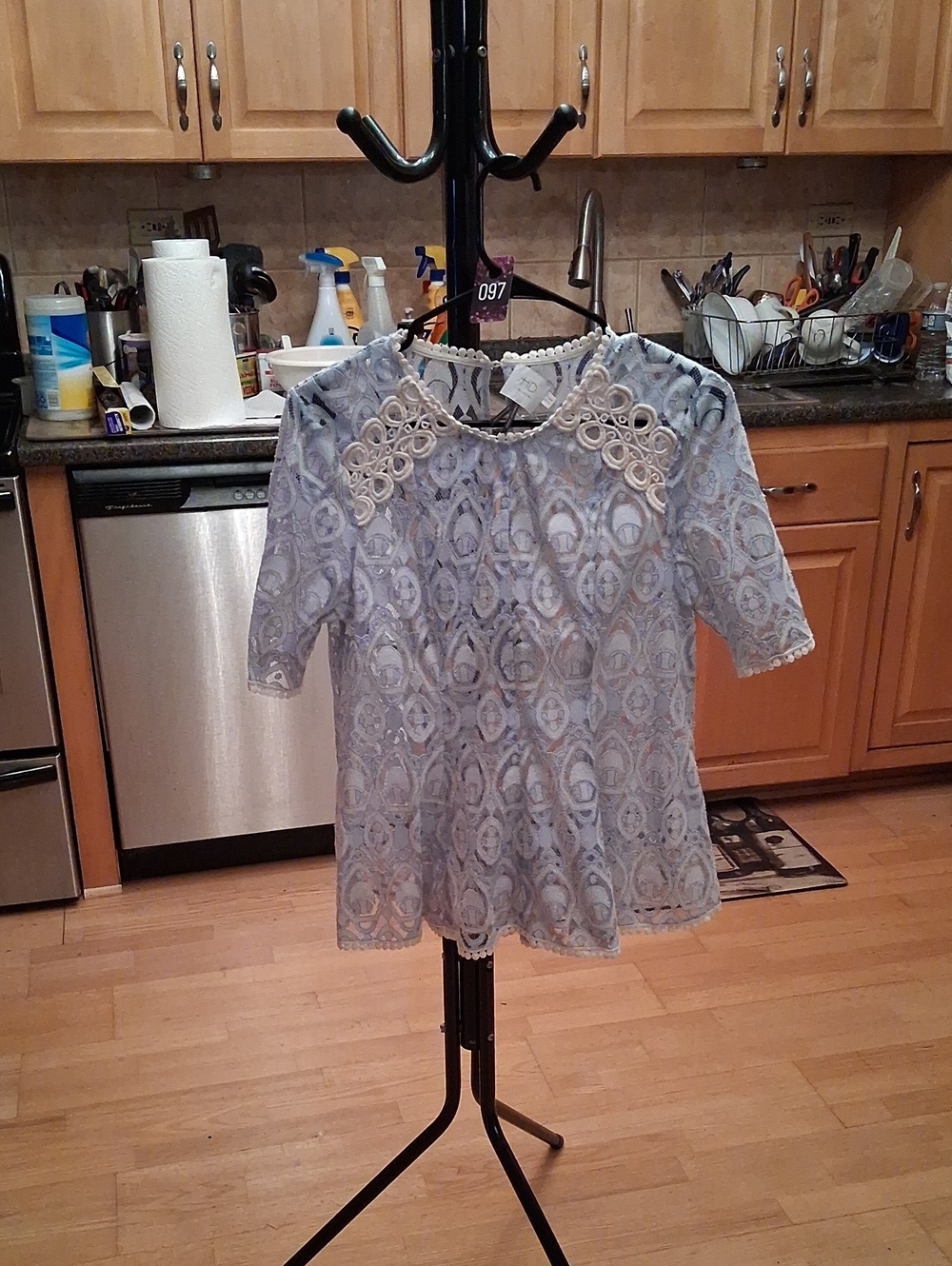HD in Paris Light Blue Lace Short Sleeve Blouse with Crochet Yoke